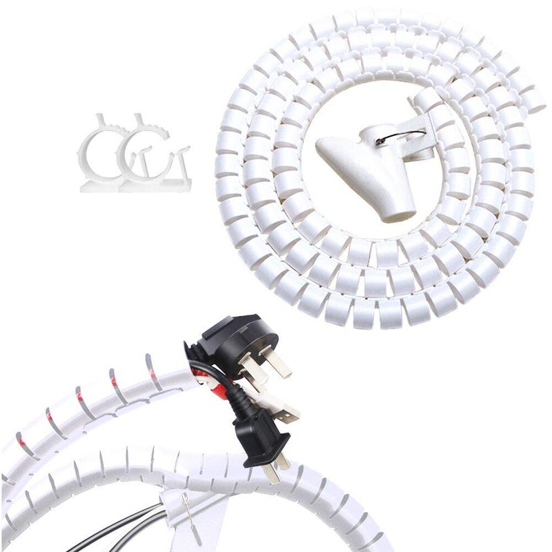 VIWIEU White Cable Wire Cover Cord Management Sleeve Electrical Wire Organizer Holder, VIWIEU Reusable & Expandable Desktop Spiral Tube Wire Hider with Cable Clips for TV Computer Home Entertainment - Image 1